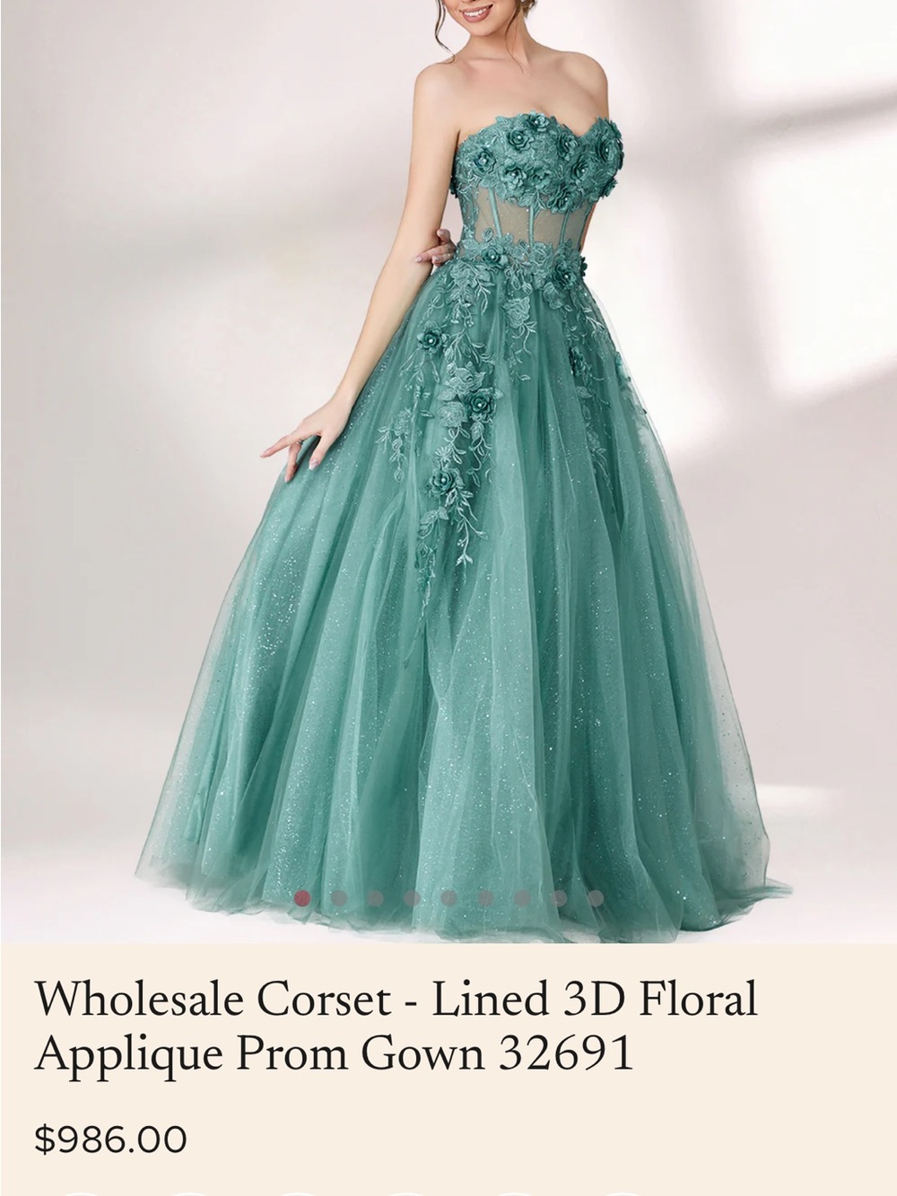Strapless Teal 3D Floral Appliqué Ball Gown Dress